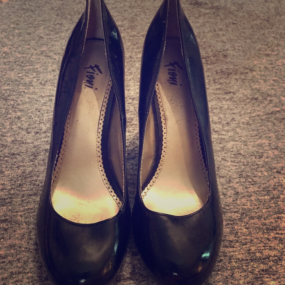 Black faux patent leather heels